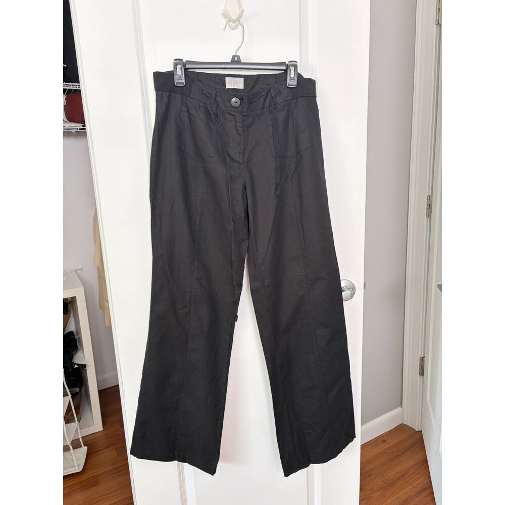 Miss Lili Black 100% Linen Wide Leg Cargo Pants Sz 11 Drawstring High Waist Y2K